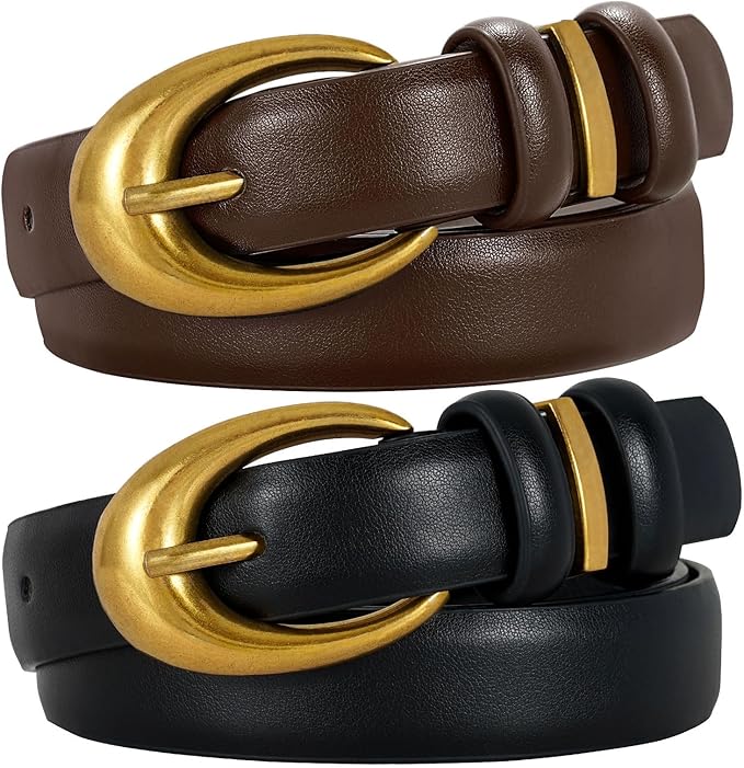 TRIWORKS 2 Pack Women Leather Belt for Jeans Pants Fashion Ladies Skinny Faux Leather Belt with Gold Buckle