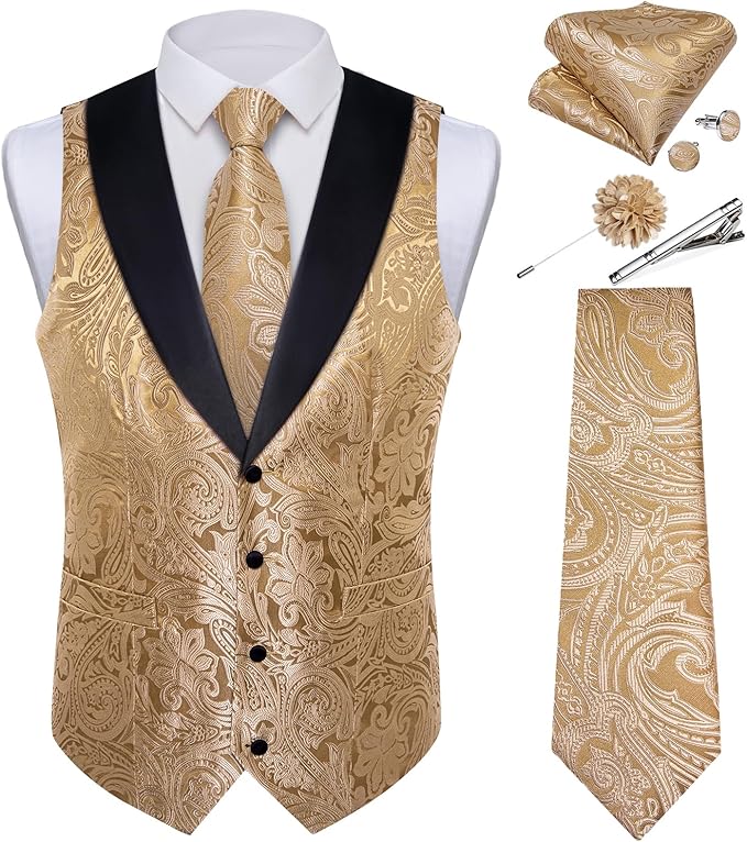DiBanGu Mens Paisley Suit Vest Silk Jacquard Waistcoat and Necktie Set Formal Shawl Collar Dress Vest 7PCS for Wedding Party