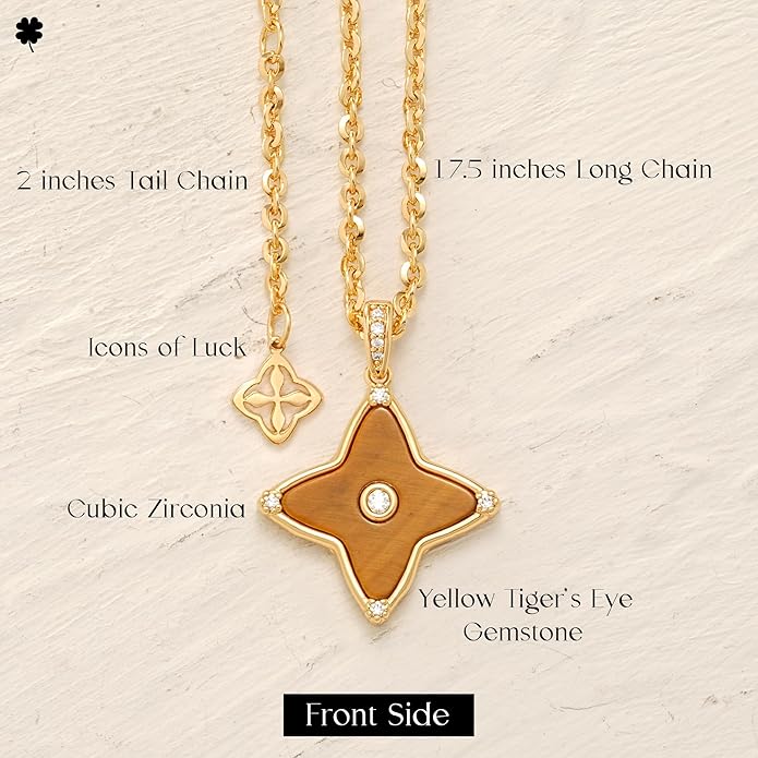 MYEARS Women Clover Necklace Pendant Lapis Lazuli/Mother of Pearl/Turquoise/Yellow Tiger's Eye Cubic Zirconia 14K Gold Simple Dainty Chain Everyday Trendy Lucky Jewelry