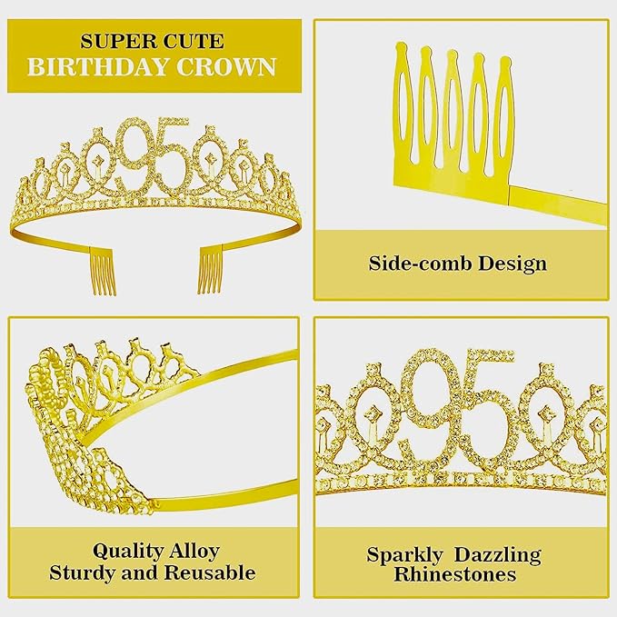 95th Birthday Decorations for Her Girls Set, Include 95th Birthday Crown and 95 Sash, 95th Birthday Cake Topper and 95 Birthday Candles, Gold 95 Balloons, Women 95th Party Supplies(Gold)