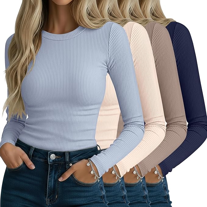 Neer 4 Pack Women's Ribbed Long Sleeve Shirts, Cotton Crew Neck Slim Fit Tops Stretch Knit Casual Base Layer Basic Tee Shirts