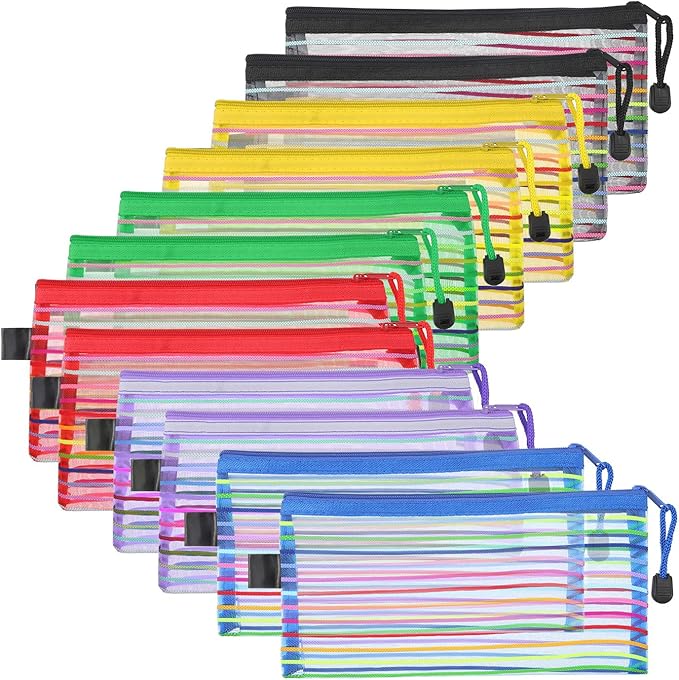 Bememo 12 Pieces 6 Colors Zipper Mesh Pouch Multipurpose Travel Bag for Cosmetics Offices Supplies Travel Accessories
