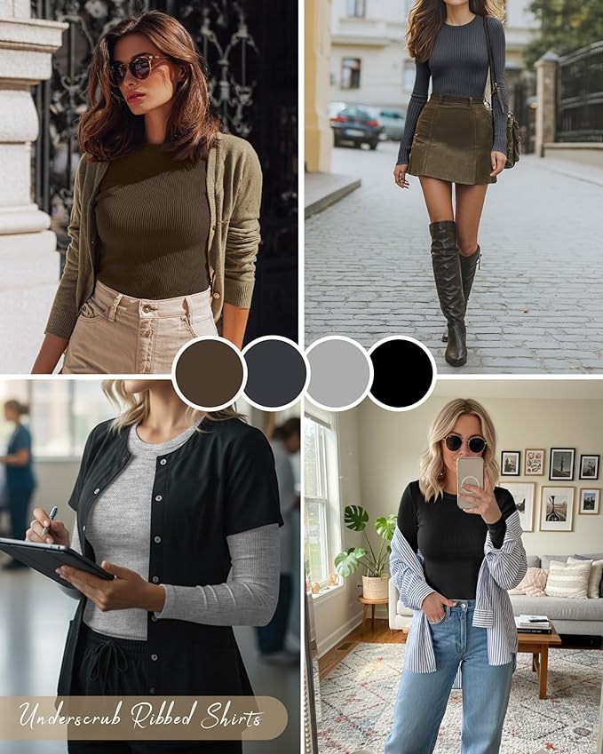 Neer 4 Pack Women's Ribbed Long Sleeve Shirts, Cotton Crew Neck Slim Fit Tops Stretch Knit Casual Base Layer Basic Tee Shirts