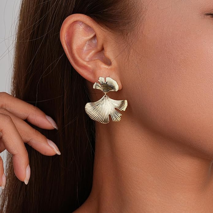 Large Gold Earrings for Women, Chunky Gold Statement Drop Dangle Earring Maple Leave Ginko Leaf Jewelry Gifts