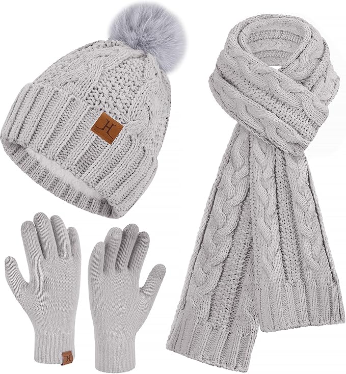 Womens Winter Beanie Hats Scarf Touchscreen Gloves Set Chenille Knit Fleece Lined Beanies Pompom Hat Scarves