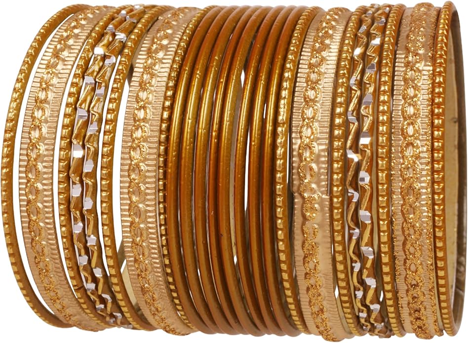 Touchstone Indian Metal Bangles for Women Gold Alloy Bracelets desi 2 Dozen Bangle Collection Bollywood Women's Jewelry Set Multi Stacking Wide Chunky Textured Golden Set of 24 in Gold or White Tone