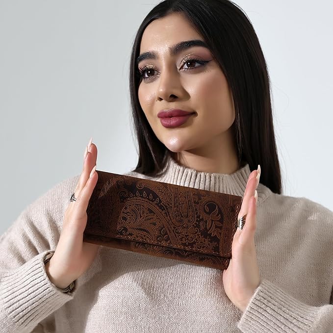 Genuine Leather Handmade Wallet for Women Large Capacity Credit Card Holder Ladies Bifold Long Clutch Handbag Slim Minimalist Western Purse with Zipper Pocket