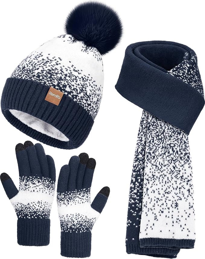 Remifa Womens Winter Beanie Hat Scarf Gloves Set, Pom Pom Warm Hat Long Knit Scarf Touchscreen Gloves 3 In 1 Christmas Gift