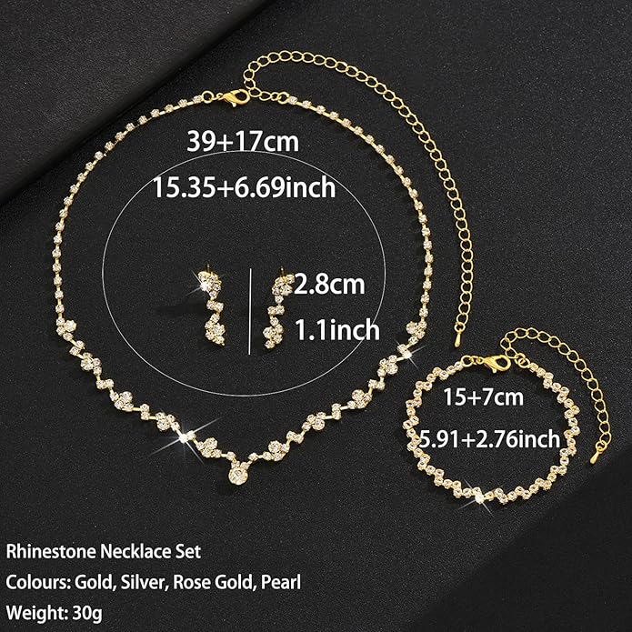 Wedding Jewelry Sets for Brides Silver Rhinestone Necklaces Earring Bracelet Set Wedding Sets for Women Prom Jewelry Sets for Women