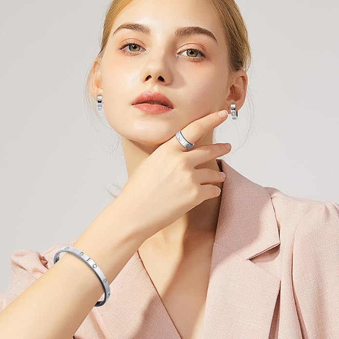 3 Pcs Hoop Earrings Bracelets Ring Sets for Women-18K Gold Plated Love Bracelet Cubic Zirconia Cuff Bangle Hoop Earrings Friendship Love Ring Jewelry Set,Wedding Party Christmas Valentine's Day Birthday Gifts for Her Girlfriend Sister Daughter