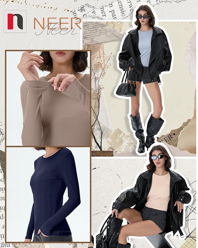 Neer 4 Pack Women's Ribbed Long Sleeve Shirts, Cotton Crew Neck Slim Fit Tops Stretch Knit Casual Base Layer Basic Tee Shirts