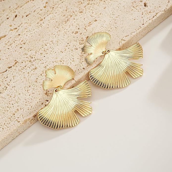 Large Gold Earrings for Women, Chunky Gold Statement Drop Dangle Earring Maple Leave Ginko Leaf Jewelry Gifts