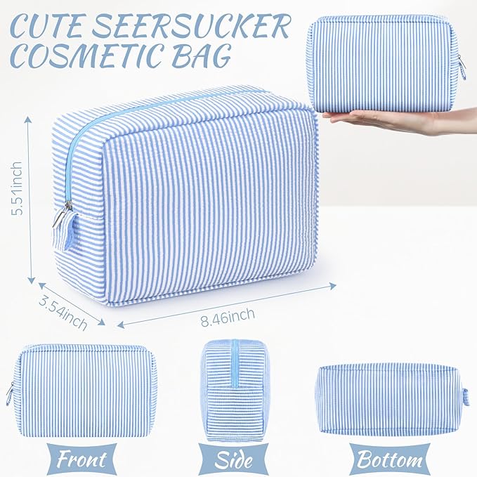 Sanwuta 3 Pcs Seersucker Makeup Bags Seersucker Cosmetic Bags Striped Women Large Travel Toiletry Organizer Preppy Storage Pouch for Embroidery Wedding Bridesmaid Gifts(Light Blue)