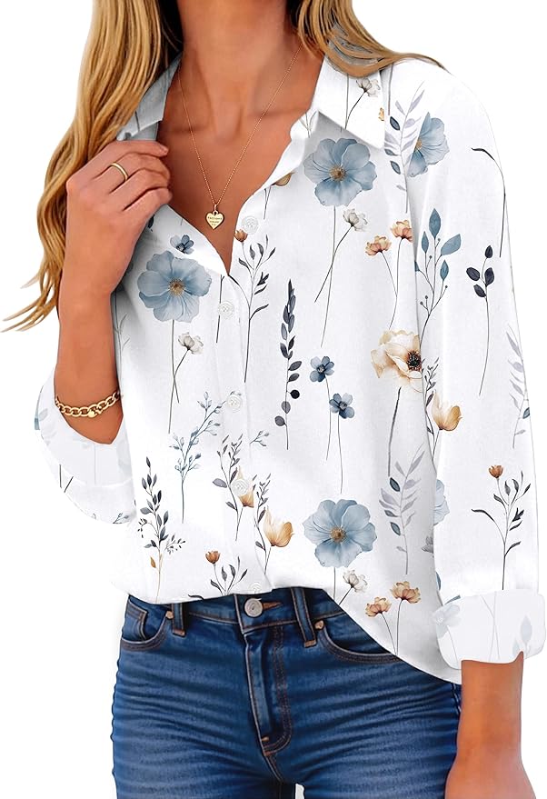 ZEAGOO Button Down Shirt for Women Long Sleeve Blouses Floral Printed Tops Business Casual Work Outfits S-XXL