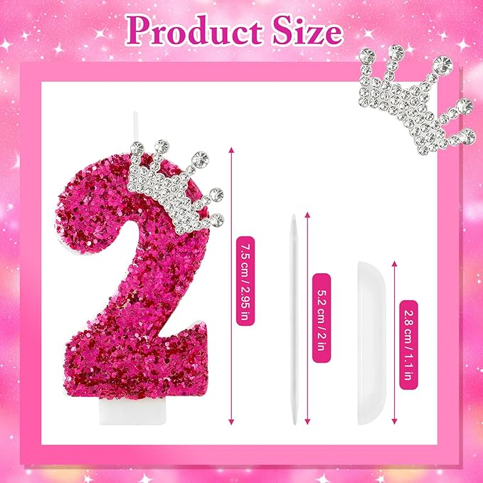 Hot Pink Birthday Candles Crown Number 2 Candle Birthday Party Decorations Cake Topper Cupcake Decor for Anniversary Celebrations Supplies