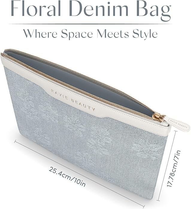 Floral Denim Zipper Cosmetic Bag with Unique Pattern for Women - Cute Travel Makeup Bag- Medium Size Toiletry Organizer for Daily Use