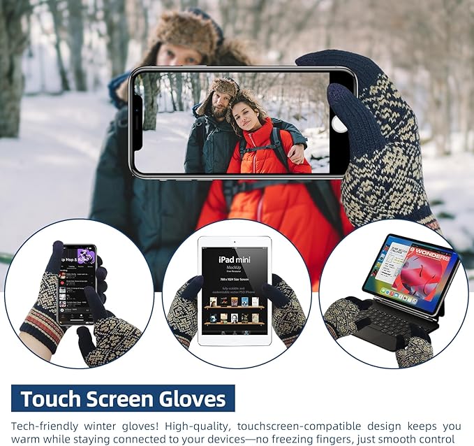 Womens Winter Beanie Hat Long Scarf and Touchscreen Gloves 3Pieces Fleece Lined Skull Caps with Pompom Neck Scarves Set
