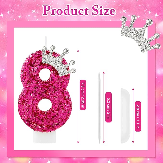 Hot Pink Birthday Candles Crown Number 8 Candle Birthday Party Decorations Cake Topper Cupcake Decor for Anniversary Celebrations Supplies
