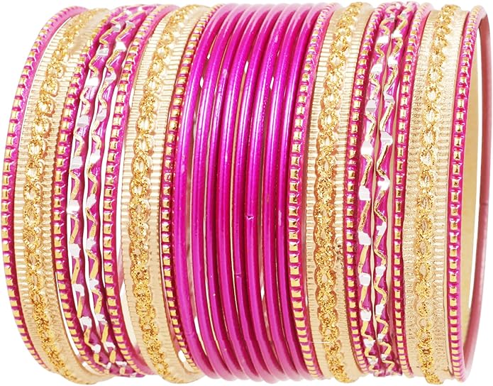 Touchstone Indian Metal Bangles for Women Gold Alloy Bracelets desi 2 Dozen Bangle Collection Bollywood Women's Jewelry Set Multi Stacking Wide Chunky Textured Golden Set of 24 in Gold or White Tone