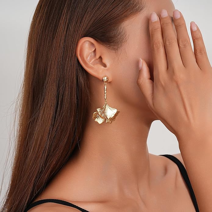 Large Gold Earrings for Women, Chunky Gold Statement Drop Dangle Earring Maple Leave Ginko Leaf Jewelry Gifts