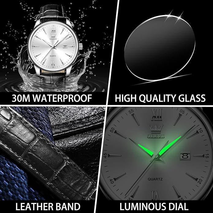 OLEVS Men Leather Watch,Mens Wrist Watches,Big Face Watches for Men,Leather Band Watches for Men,Day Date Watches for Men,Waterproof Watches for Men,Men Classic Watch,Reloj para Hombres