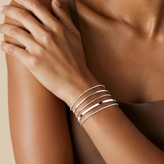 Dainty Thin Gold Bracelet for Women Stack, 14K Gold Plated Bracelet Stackable Set with Bangle Cuff, Box, Herringbone, Paperclip, Figaro, Sparkling Link Chains, Simple Waterproof Non Tarnish Minimalist Gifts for Women Trendy
