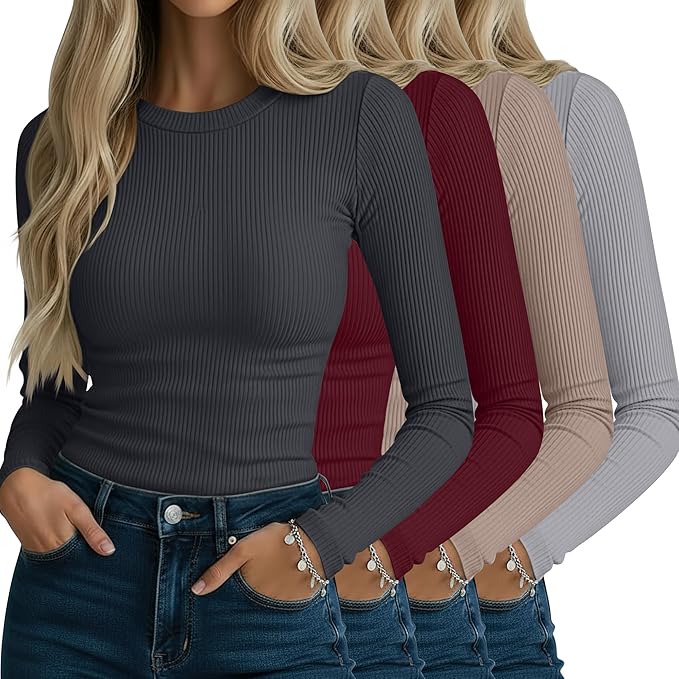 Neer 4 Pack Women's Ribbed Long Sleeve Shirts, Cotton Crew Neck Slim Fit Tops Stretch Knit Casual Base Layer Basic Tee Shirts