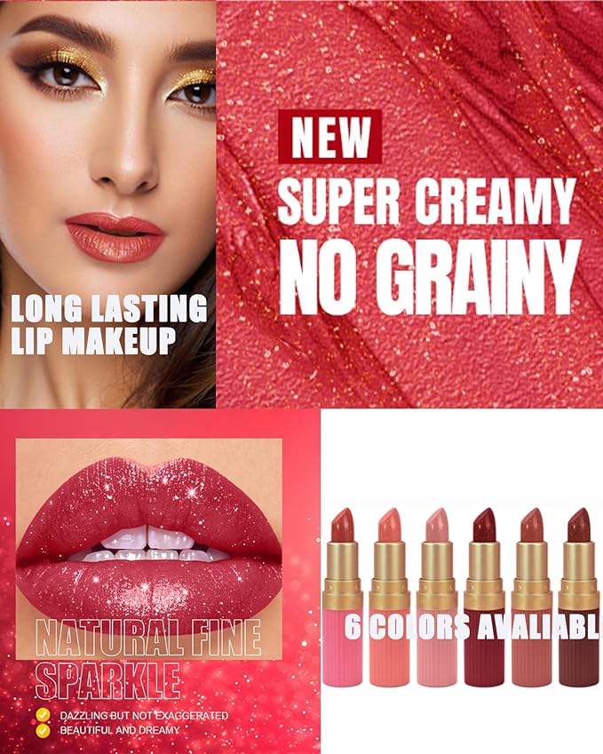 Sparkling Glitter Lipstick Set,6 Pcs Shimmer Nude Pink Brown Dark Rose Red Lip Gloss for Women Long Lasting Waterproof Metallic Diamond Shiny Lipstick Non-Stick Lipgloss Lip Color labiales Makeup Gift