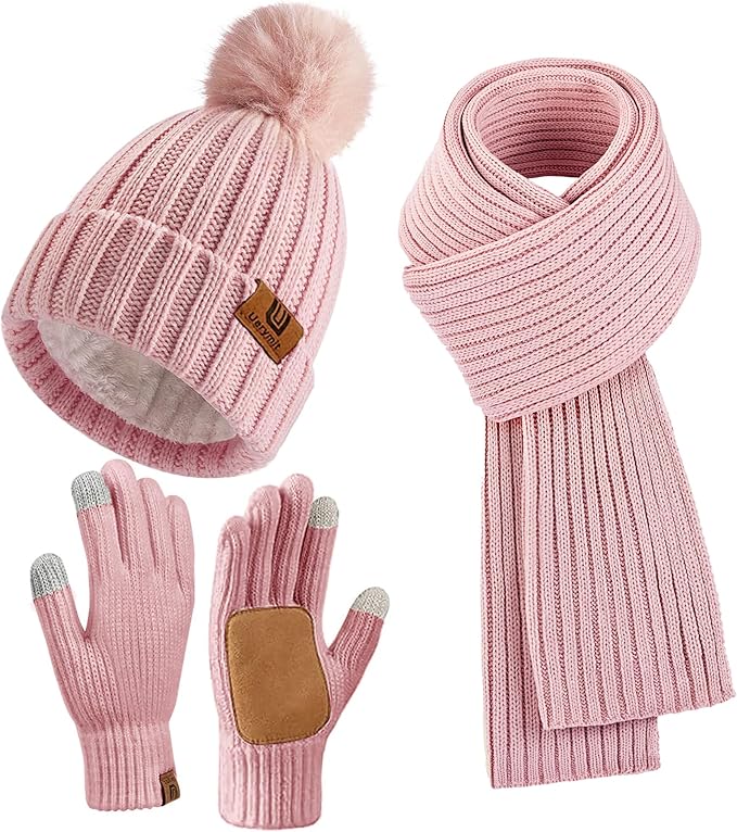 Womens Winter Beanie Hat Scarf Gloves Set Warm Knit Beanie with Pom Pom Long Scarf Touchscreen Gloves 3 in 1 Set