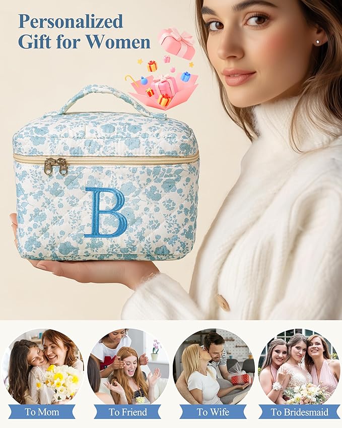 HBselect Initial Quilted Makeup Bag, Cotton Large Travel Makeup Bag, Cute Floral Coquette Make up Bag Cosmetic Bag Toiletry Bag for Women Girls B