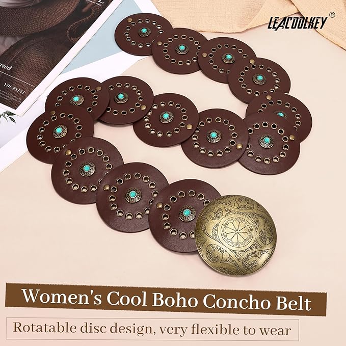 LEACOOLKEY Women's Boho Disc Belt Wide Western Leather Belt Vintage Concho Waist Belts for Dress Jeans