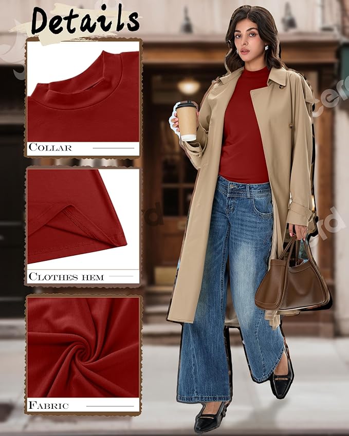 Ficerd 3 Pack Women's Mock Turtleneck Shirts, Long Sleeve Mock Neck Pullover Tops Slim Fitted Stretch Undershirt Tee Blouse