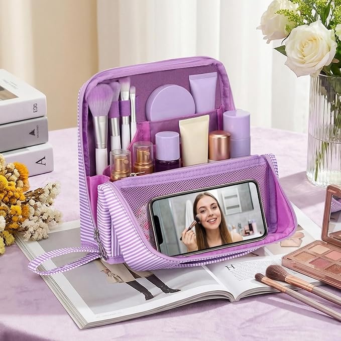 Striped Makeup Bag Large Cosmetic Bags for Women Gift with Brush Loops Mesh Pocket Wrist Strap Travel Organizer Storage Pouch Toiletry Case with Divider for Mirror(Lavender)