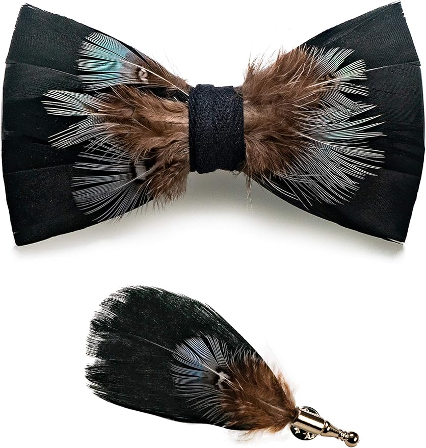 RBOCOTT Handmade Feather Pre-tied Bow tie and Brooch Sets for Men