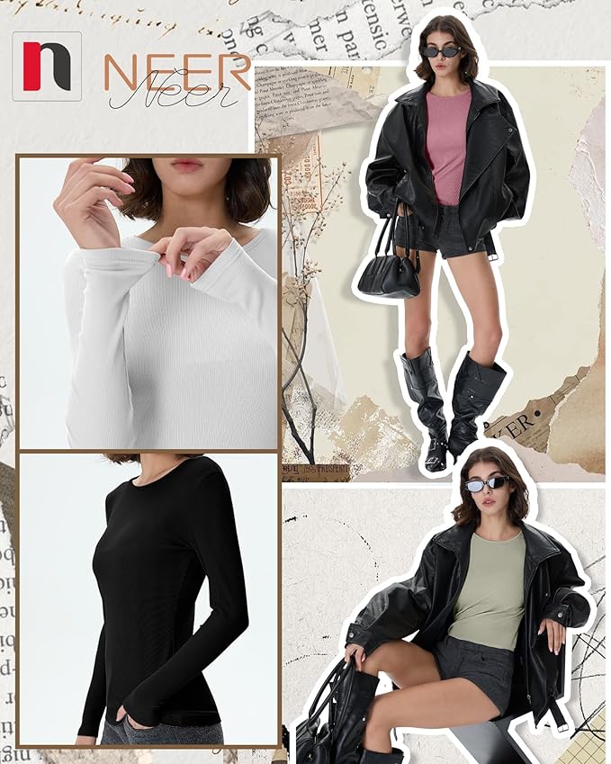 Neer 4 Pack Women's Ribbed Long Sleeve Shirts, Cotton Crew Neck Slim Fit Tops Stretch Knit Casual Base Layer Basic Tee Shirts
