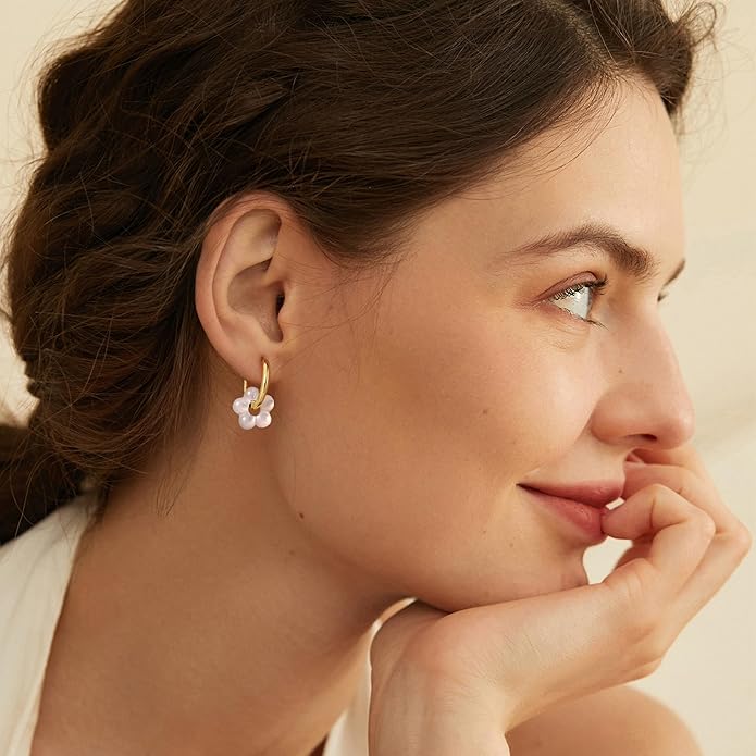 Gold Pearl Dangle Earrings for Women, 14K Gold Plated Small Pearl Drop Huggie Hoop Earrings, Hypoallergenic Dainty Gold Earrings Wedding Jewelry Gifts for Women Trendy