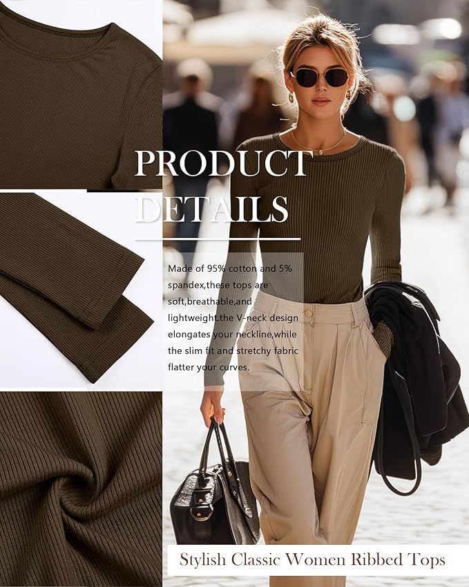 Neer 4 Pack Women's Ribbed Long Sleeve Shirts, Cotton Crew Neck Slim Fit Tops Stretch Knit Casual Base Layer Basic Tee Shirts