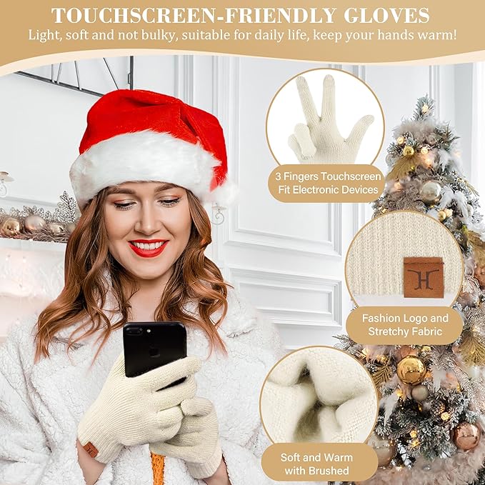 Womens Winter Beanie Hats Scarf Touchscreen Gloves Set Chenille Knit Fleece Lined Beanies Pompom Hat Scarves