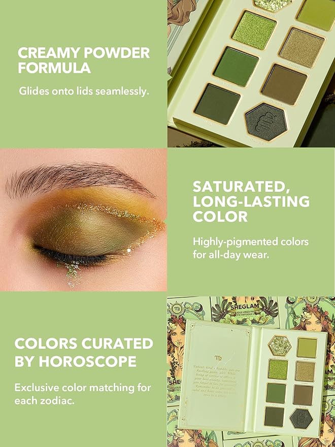 SHEGLAM Glitter Metallic Eyeshadow Palette 8-Color High Pigment Green Gold Long Wearing Horoscope Collection Eye Shadow Palette - Virtuous Virgo