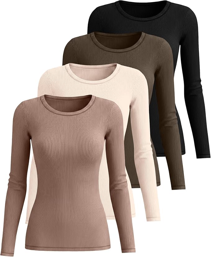 Neer 4 Pack Women's Ribbed Long Sleeve Shirts, Cotton Crew Neck Slim Fit Tops Stretch Knit Casual Base Layer Basic Tee Shirts