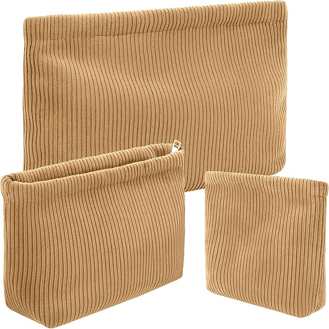 Sanwuta 3 Pack Corduroy Makeup Bag Set Cosmetic Toiletry Travel Pouch Organizer Velvet Makeup Bag for Women Large Pouch Zipper Purse Make up Organizer, Women Girls Gift(Khaki)