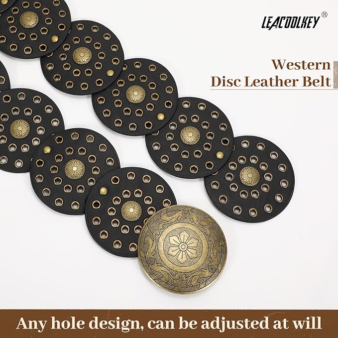 LEACOOLKEY Women's Boho Disc Belt Wide Western Leather Belt Vintage Concho Waist Belts for Dress Jeans