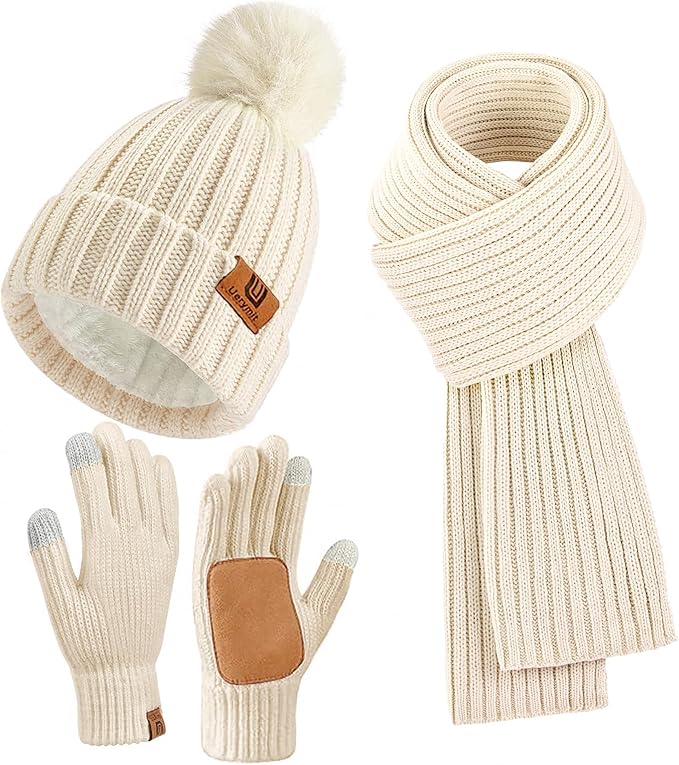 Womens Winter Beanie Hat Scarf Gloves Set Warm Knit Beanie with Pom Pom Long Scarf Touchscreen Gloves 3 in 1 Set