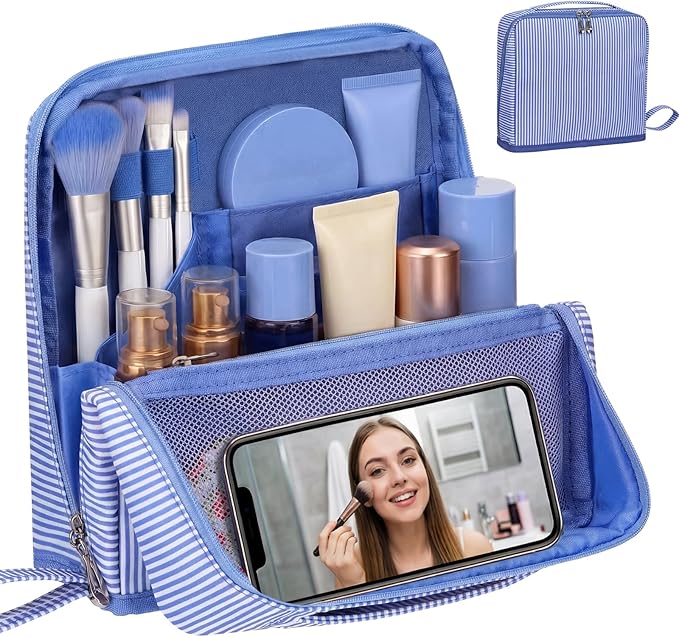 Striped Makeup Bag Large Cosmetic Bags for Women Gift with Brush Loops Mesh Pocket Wrist Strap Travel Organizer Storage Pouch Toiletry Case with Divider for Mirror(Blue)