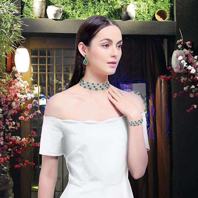 3/4 Pieces Women Jewelry Set Artificial Rhinestone Crystal Bride Statement Choker Necklace Tiara Crown Link Bangle Bracelet Teardrop Dangle Earrings Set