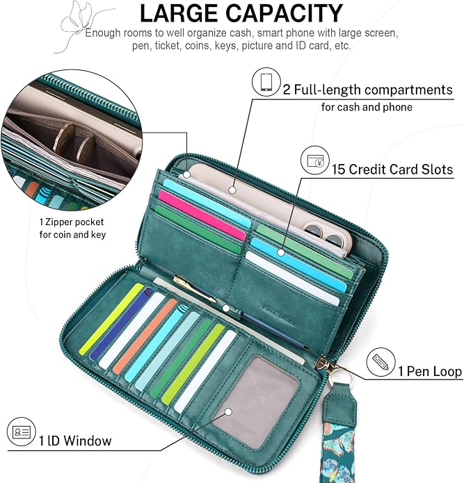 RFID Wallet Women, Large Capacity Butterfly Cell Phone Clutch Purses Ladies Wristlet Wallets for Women