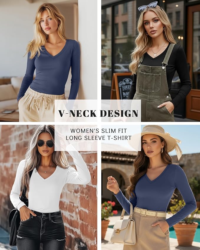 Ficerd 3 Pack Women's Long Sleeve Shirts, V Neck Basic Tees Slim Fitted Casual Fall Tops Going Out Blouses T Shirts