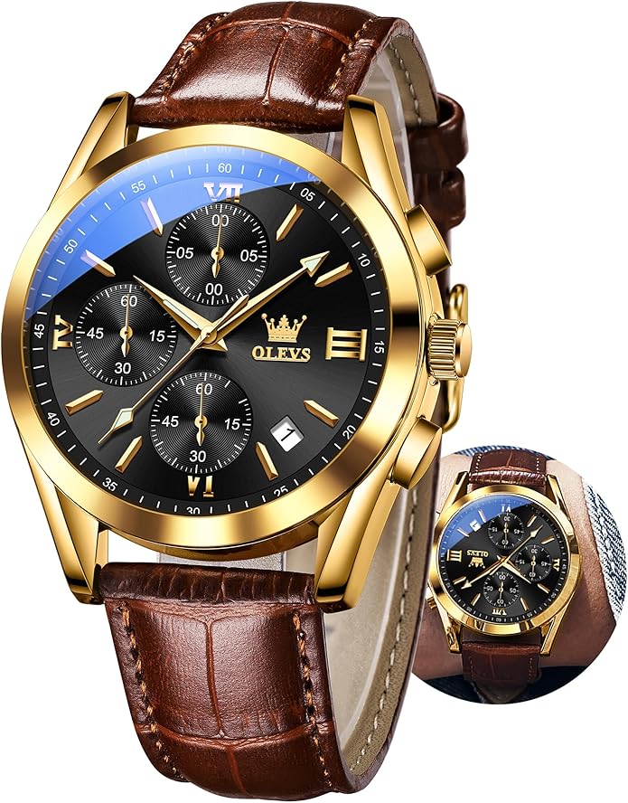 OLEVS Men's Watches Brown Leather with Date,Casual Watches for Men,Large Face Watches Men,Chronograph Mens Watch,Sport Waterproof Business Dress Analog Quartz Men's Wrist Watches Reloj De Hombre