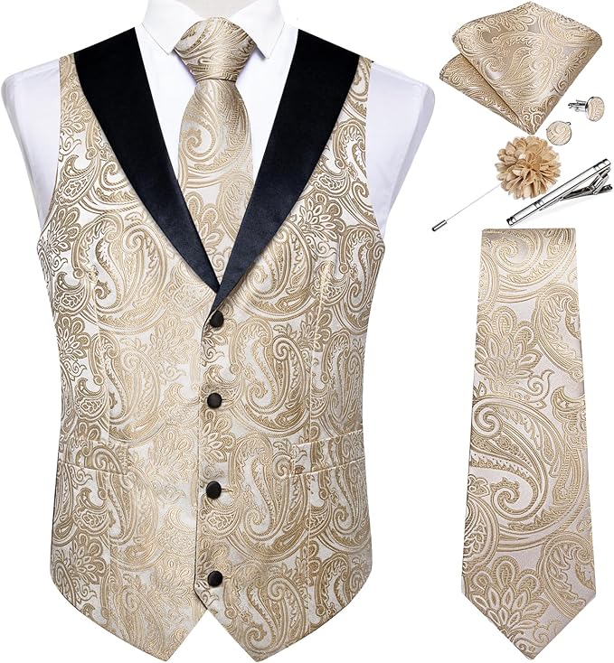 DiBanGu Mens Paisley Suit Vest Silk Jacquard Waistcoat and Necktie Set Formal Shawl Collar Dress Vest 7PCS for Wedding Party