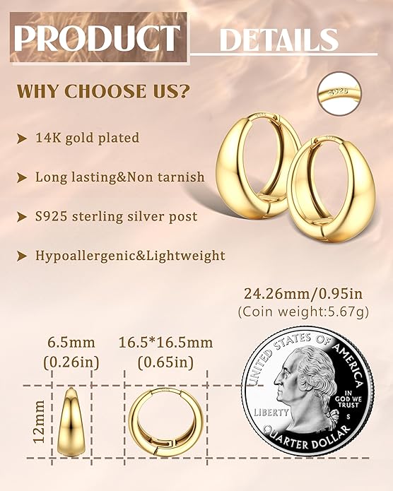 14K Gold Plated Small Chunky Hoop Earrings Sterling Silver Post - Hypoallergenic Trendy Thick Lightweight Silver Plated Huggie Hoops Dainty Hoop Earrings for Women Non Tarnish Jewelry Gifts